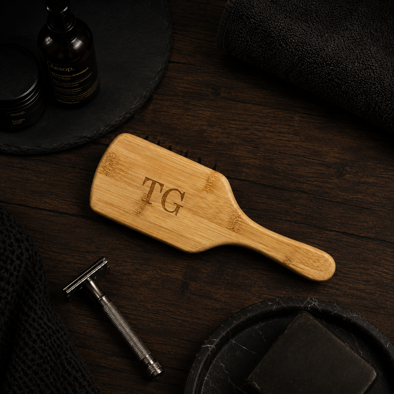 Personalized bamboo beard brush with natural boar bristles that distribute beard oils and help keep facial hair smooth.