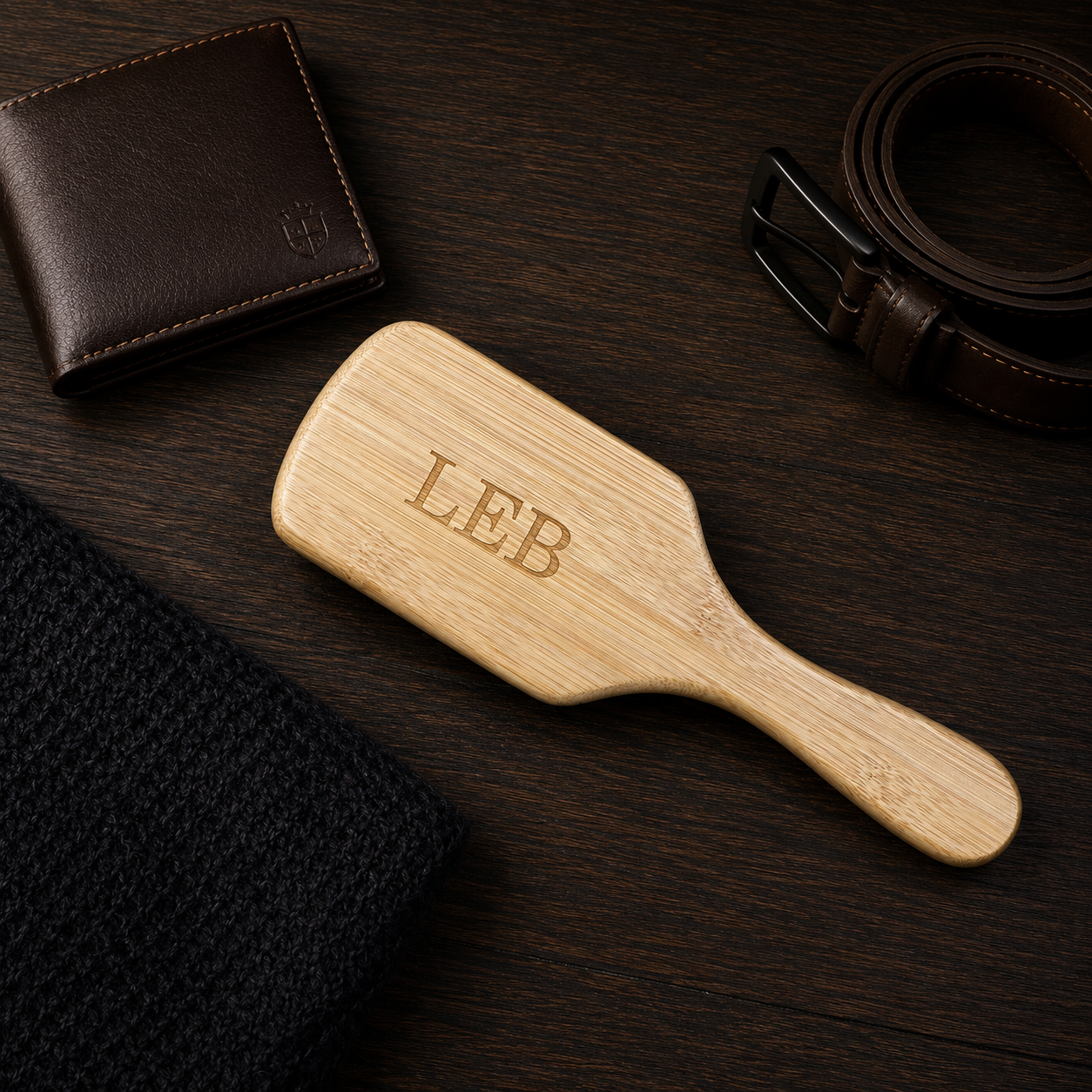 Personalized wooden beard brush with engraved handle, compact grooming brush for beards, mustaches, and short hair.