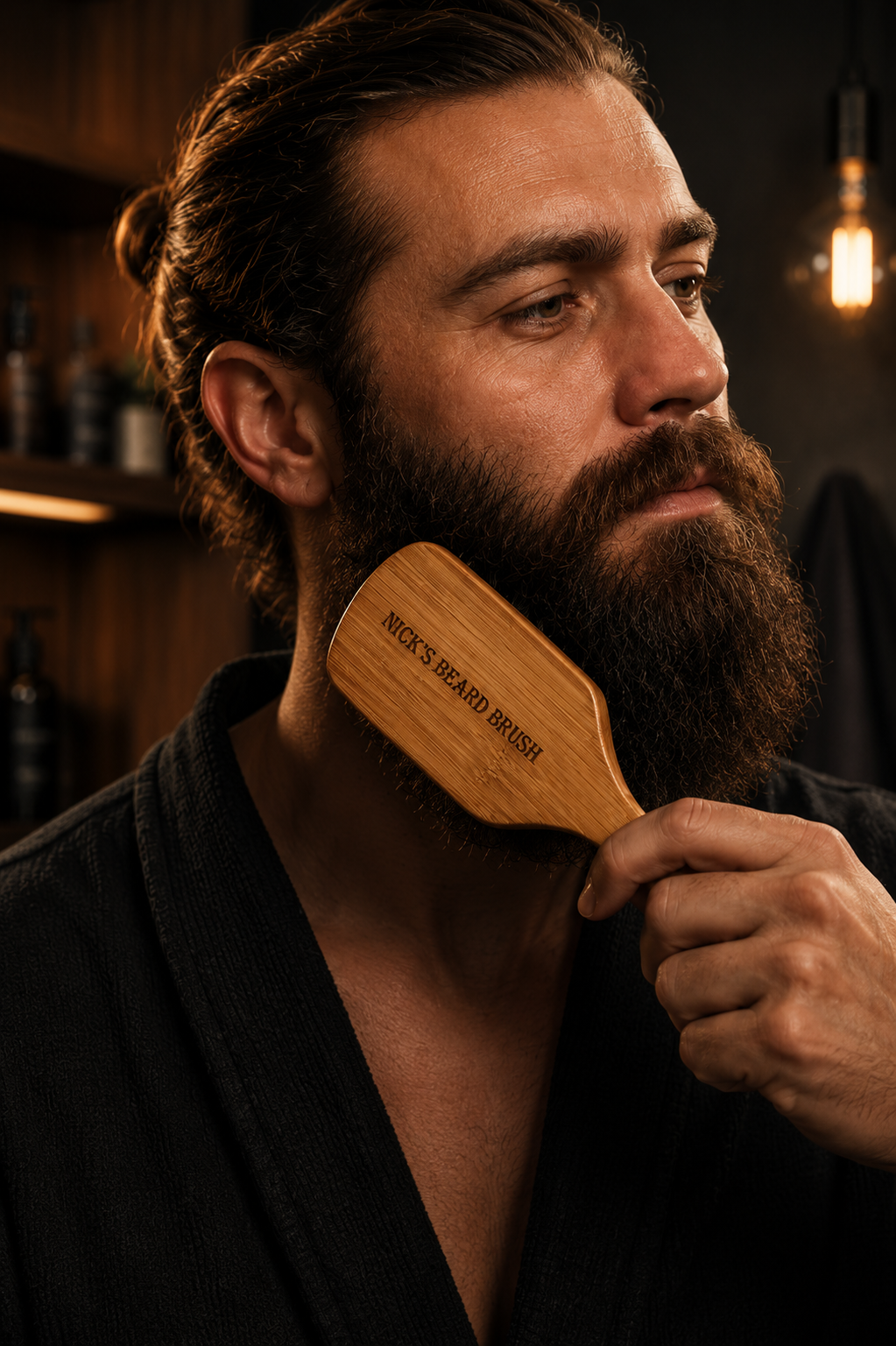 Custom engraved bamboo beard brush with premium boar bristles, thoughtful Father's Day gift for men with beards.