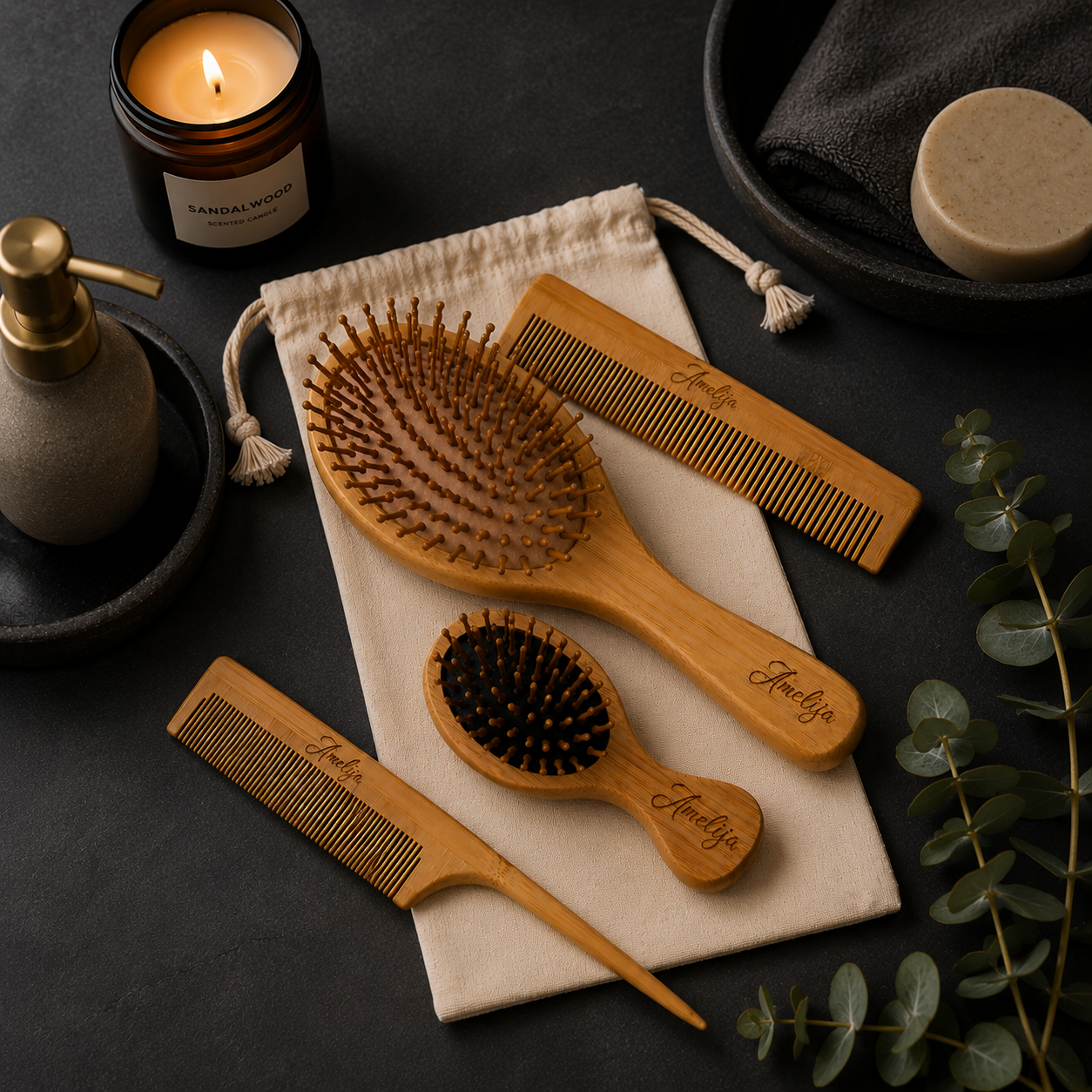 Personalized Bamboo Hair Brush Comb Set Mother day gift  Birthday Wooden Hair Brush girl hair comb for kids hair mini Brush bamboo brush set
