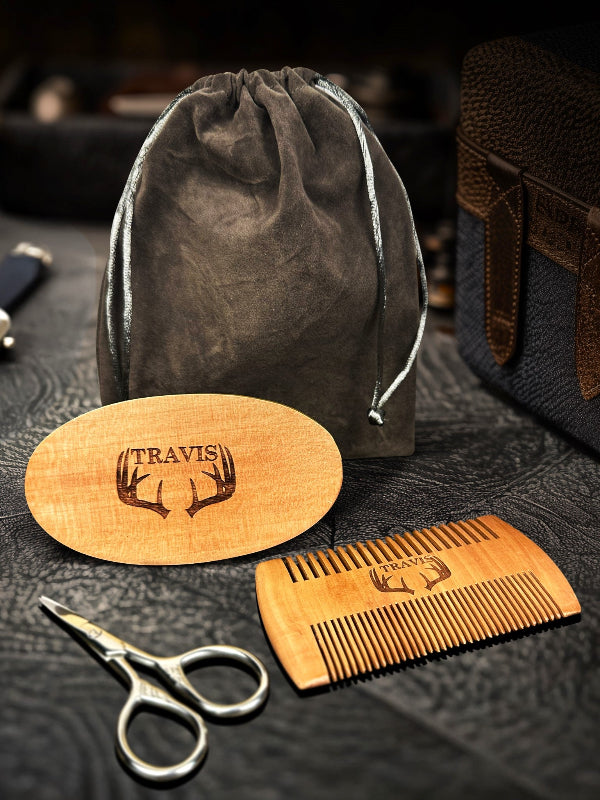 A rugged yet refined grooming set made for hunters. Featuring a deer antler engraved brush and comb, this personalized beard care kit makes a standout gift for Valentine’s Day, Father’s Day, or any outdoor enthusiast.