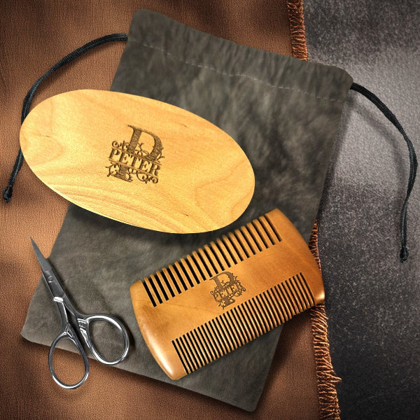 Monogrammed beard grooming kit for husband featuring sandalwood comb, boar bristle brush, and scissors