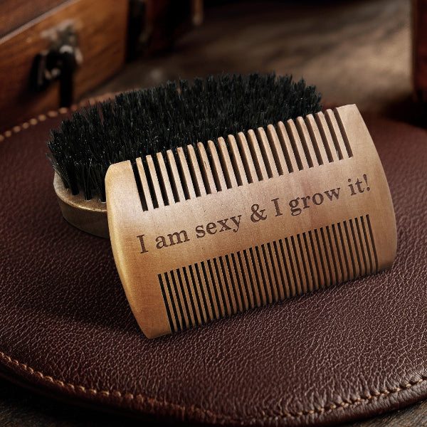 Romantic personalized beard care gift for husband with monogram engraved wooden grooming tools