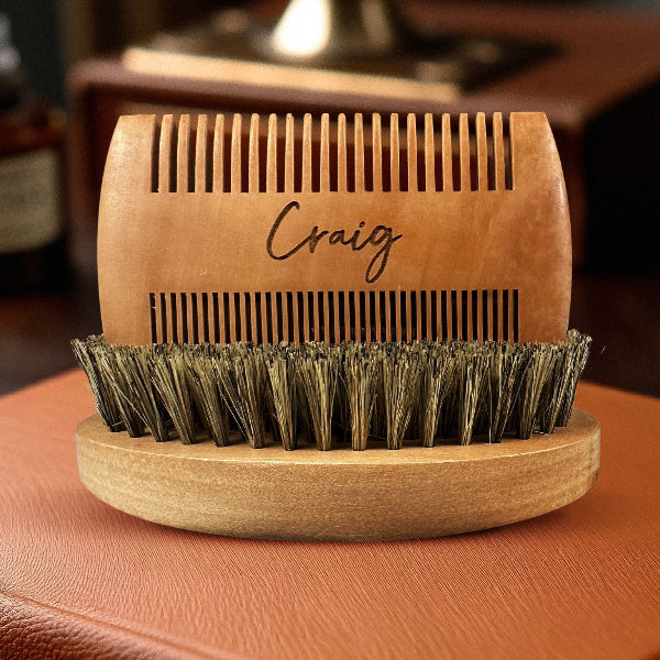 Romantic personalized beard care gift for husband with monogram engraved wooden grooming tools