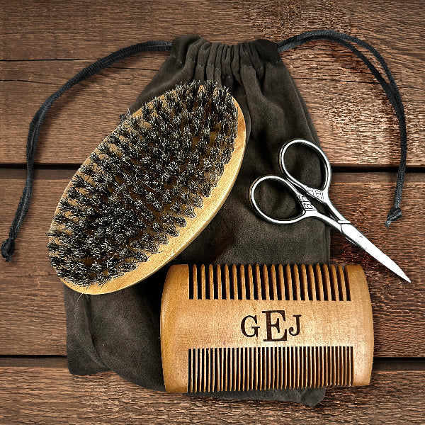 Monogram beard grooming set for husband with wooden brush, comb, scissors, and valet pouch