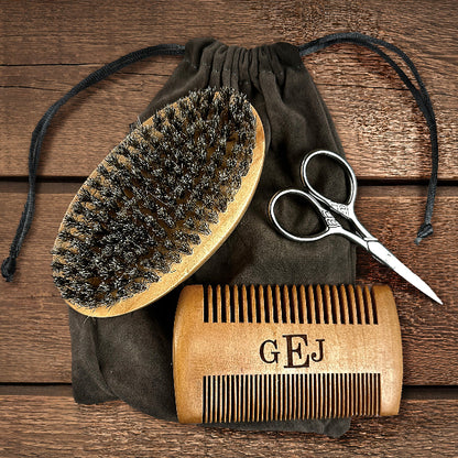 Monogram beard grooming set for husband with wooden brush, comb, scissors, and valet pouch