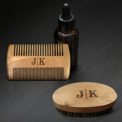 Personalized monogram beard care kit for husband with premium wooden grooming accessories