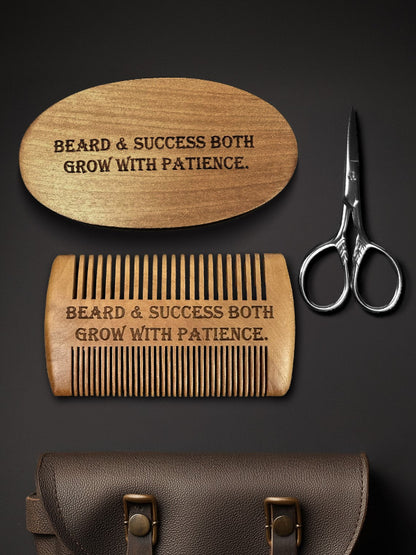 Monogram beard grooming set for husband with wooden brush, comb, scissors, and valet pouch