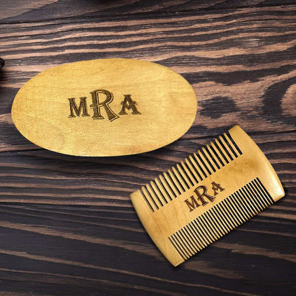 Personalized monogram beard care kit for husband with premium wooden grooming accessories