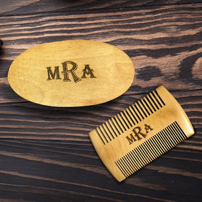 Personalized monogram beard care kit for husband with premium wooden grooming accessories