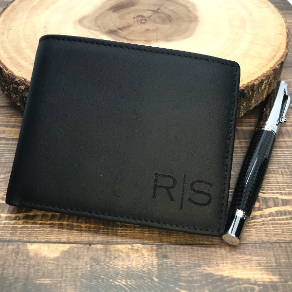 Custom engraved leather wallet for men in classic black bifold style personalized monogram on the wallet husband gift