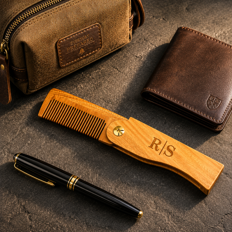 A wooden folding comb with a monogrammed handle engraved with 'R|S' lies on a dark stone surface next to a black pen. A brown leather wallet and a canvas pouch are partially visible in the background. engraved beard comb, Custom wooden comb, Valentines day gift, groomsman gift, anniversary or birthday gift, mens gift, Gift for husband