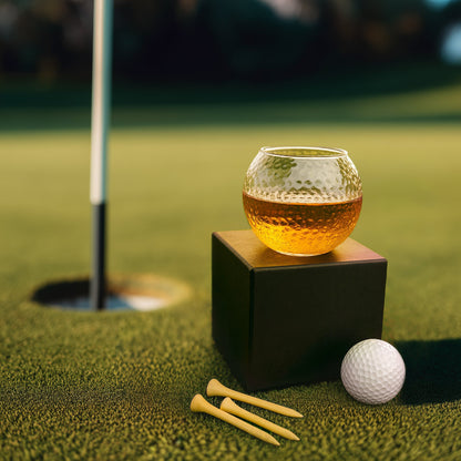 Golf ball, tees, and a glass with amber liquid on a green golf course Personalized Golf Ball Whiskey Glass Gift Set Engraved Golf Rocks Glass with Initials Kit Gifts for Golfers Tees Custom Golf Gift Set Box
