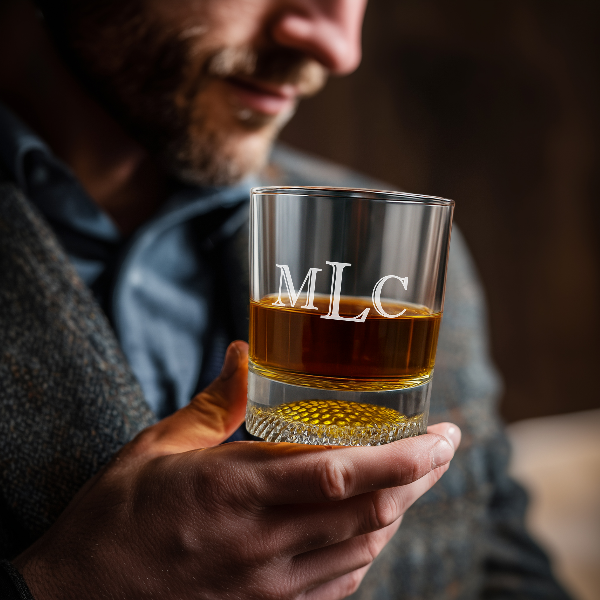 Man holding a glass of whiskey with 'MLC' initials, blurred background Personalized Golf Ball Whiskey Glass Set Rock Bourbon Glass Groomsmen Gift Golf Father Day Gift Golf Gifts for Men Custom Scotch Glass Chill
