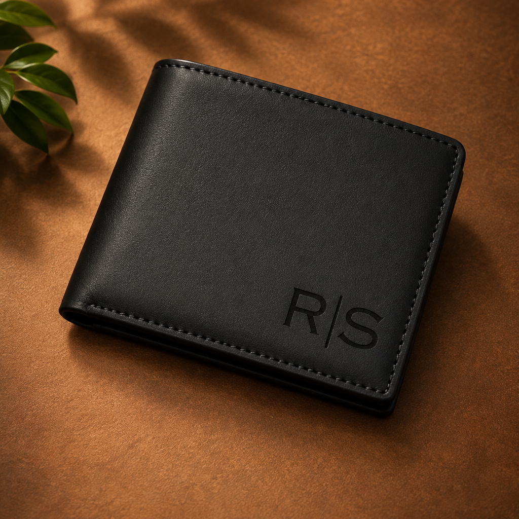 Personalized black leather bifold wallet for men with R|S initials engraved on the lower-right corner, displayed on a warm brown background with natural leaf shadows. The lighthouse goods