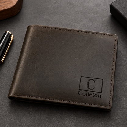 Personalized dark brown leather bifold wallet for men with engraved C monogram and Colleton name on the lower-right corner, displayed on a luxury matte charcoal desk with a black and gold pen. The lighthouse goods