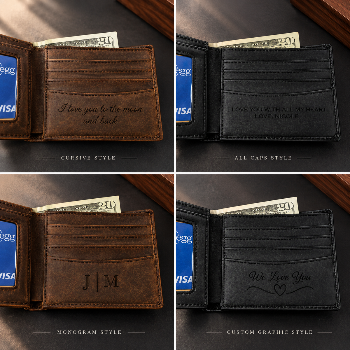 Four personalized leather bifold wallets in brown and black showing inside engraving options: cursive handwritten-style message, all-caps text, initials monogram, and custom heart graphic. The lighthouse goods