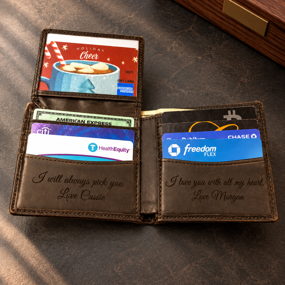 Open personalized brown leather bifold wallet for men with custom engraved love messages on both inside pockets, multiple card slots, clear ID window, and cash compartment. The lighthouse goods