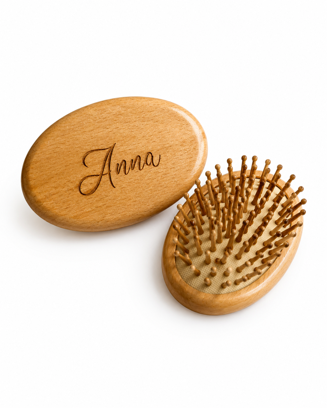 Custom engraved wooden travel hair brush with natural bamboo pins that massage the scalp, personalized gift for women and girls.