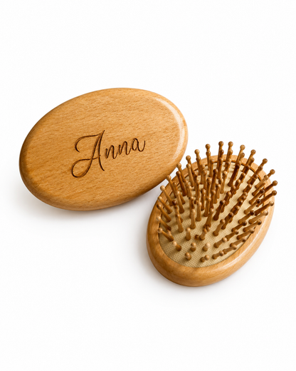 Custom engraved wooden travel hair brush with natural bamboo pins that massage the scalp, personalized gift for women and girls.