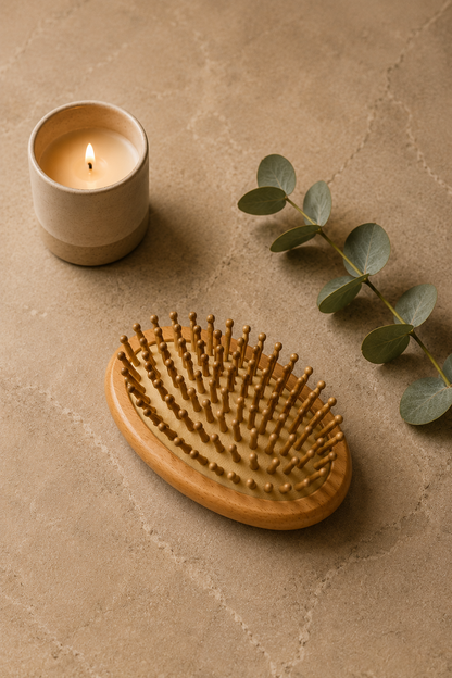 Luxury personalized wooden hair brush for travel with custom engraving, bamboo pins stimulate and massage the scalp.