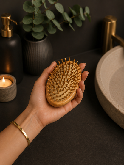 Hand-sized personalized wooden hair brush with engraved name, natural bamboo bristles gently massage the scalp for everyday comfort.