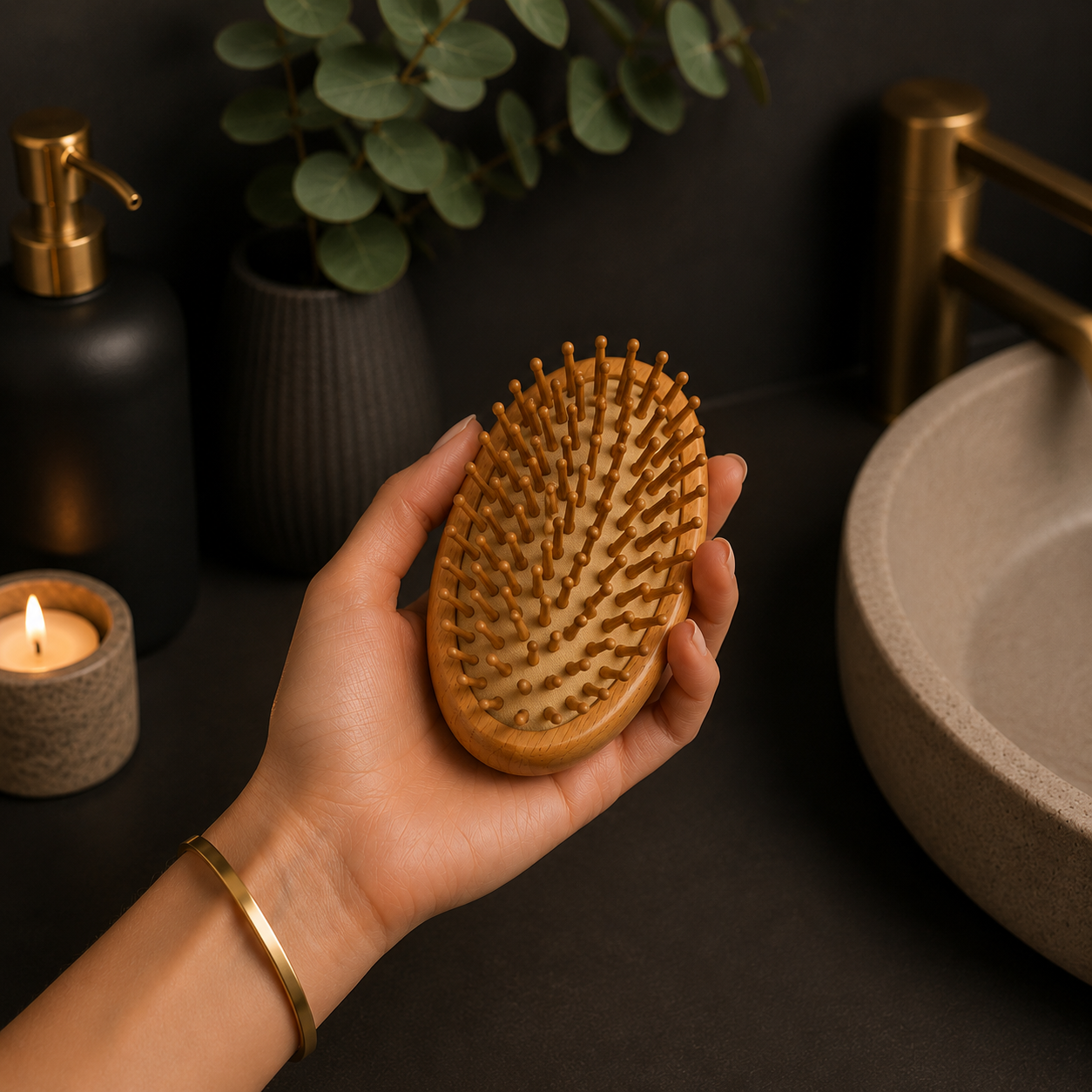 Compact personalized bamboo hair brush with engraved name, portable wooden hairbrush that provides a relaxing scalp massage.