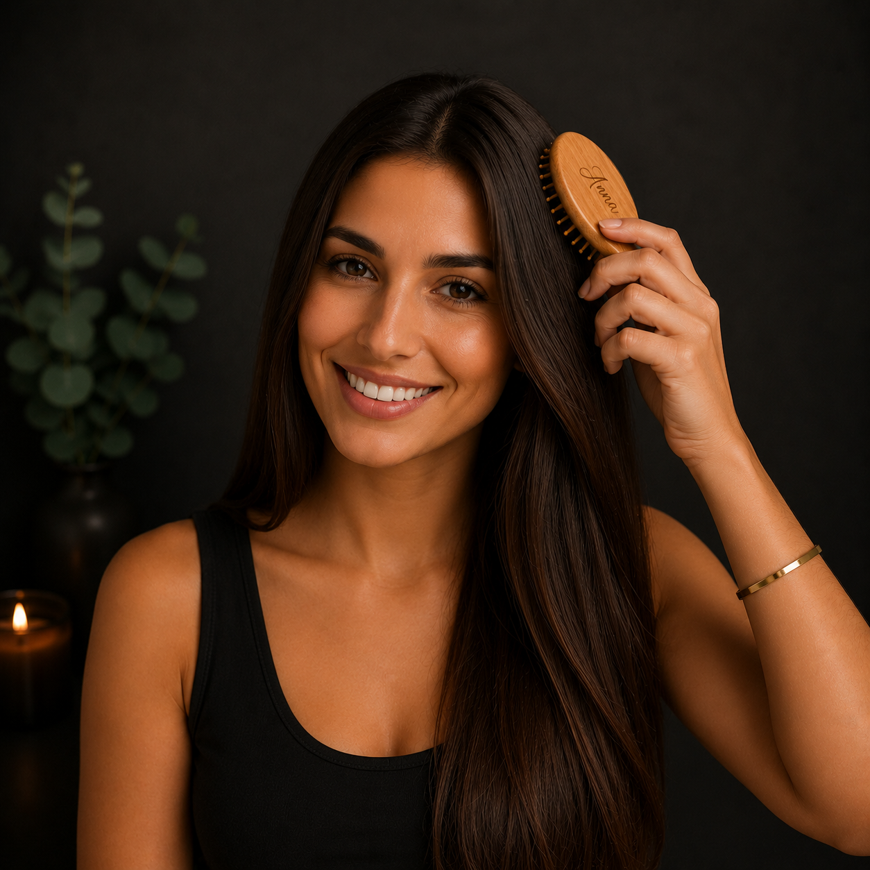 Engraved wooden travel hair brush with smooth bamboo bristles designed to detangle hair and gently massage the scalp.