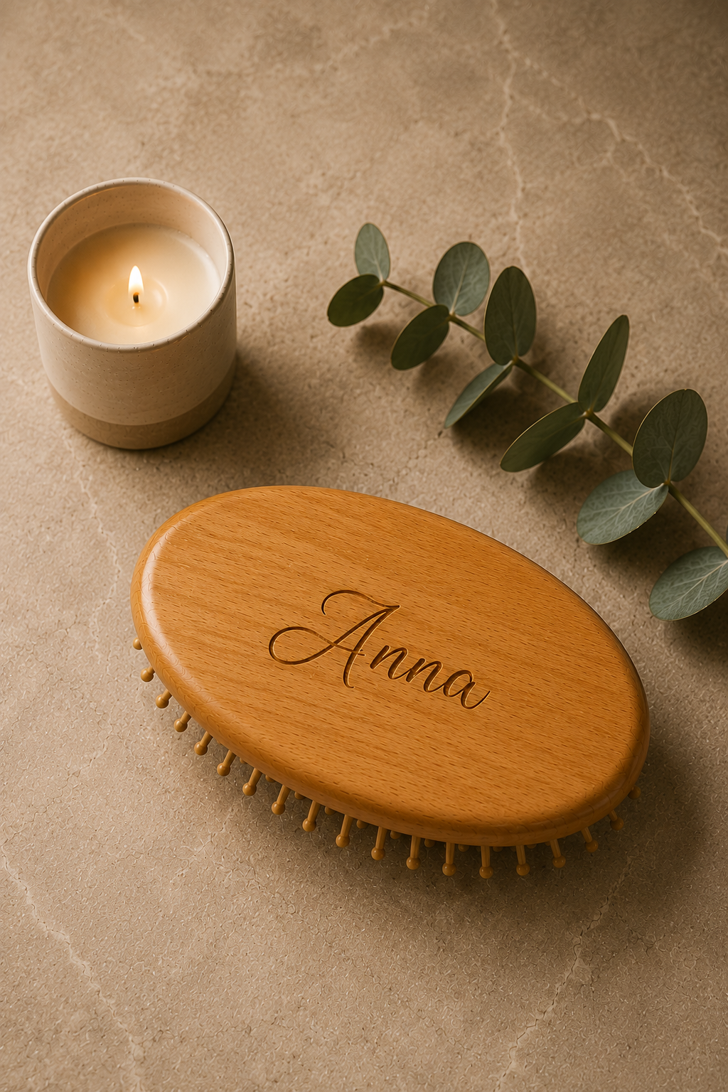 Engraved wooden travel hair brush with smooth bamboo bristles designed to detangle hair and gently massage the scalp.
