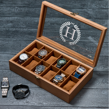 Luxury rustic wooden watch box for men with velvet interior 12 slots Custom engraving monogram on the glass