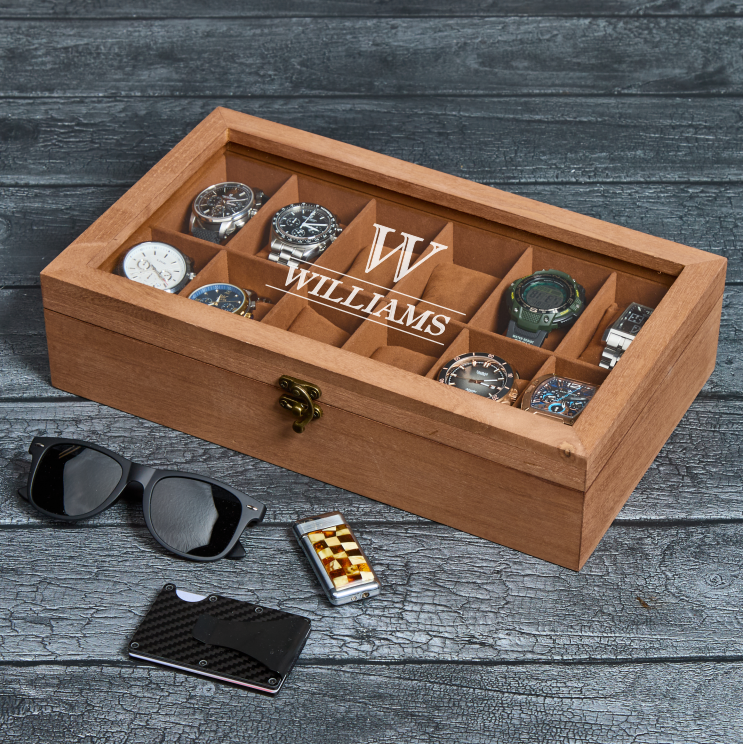 Personalized wooden watch box with custom engraving and glass lid 12 slots