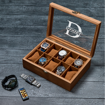 Engraved watch box with monogram initials for husband or dad gift 10 slots watches