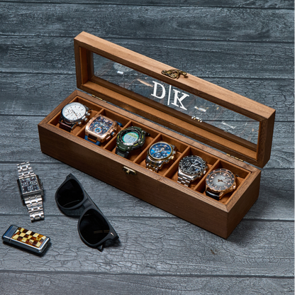 Luxury wooden watch box with monogram initials and velvet interior
Custom engraved wooden watch storage box for men with glass top