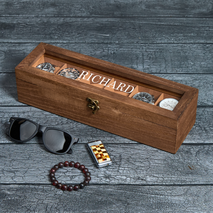Personalized wooden watch box with custom engraving and glass lid