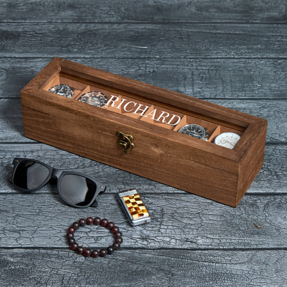 Personalized wooden watch box with custom engraving and glass lid