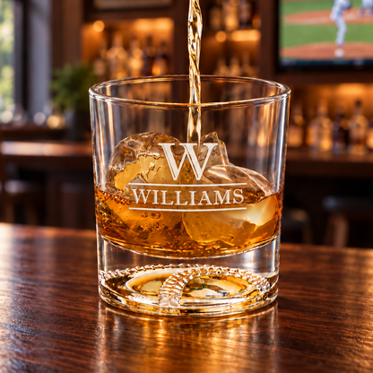 A clear engraved whiskey tumbler with a large letter W and the name WILLIAMS sits on a wooden bar counter, with amber liquor being poured into it. The background shows a warmly lit bar interior with blurred bottles and a television screen.