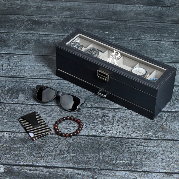 Personalized Leather Watch Box with Jewelry Case 6 Slots