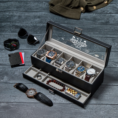 Personalized Leather Watch Box with Jewelry Case 6 Slots