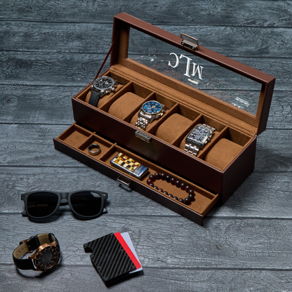 Personalized Leather Watch Box with Jewelry Case 6 Slots