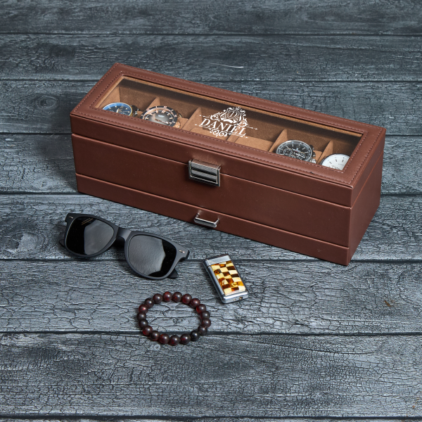 Personalized Leather Watch Box with Jewelry Case 6 Slots