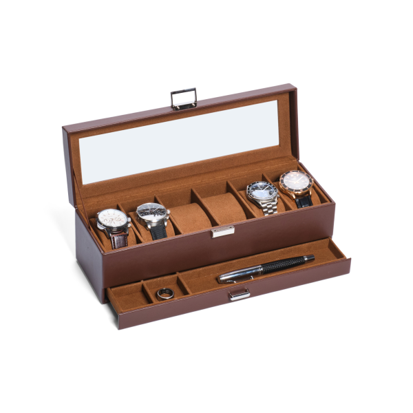 Personalized Leather Watch Box with Jewelry Case 6 Slots