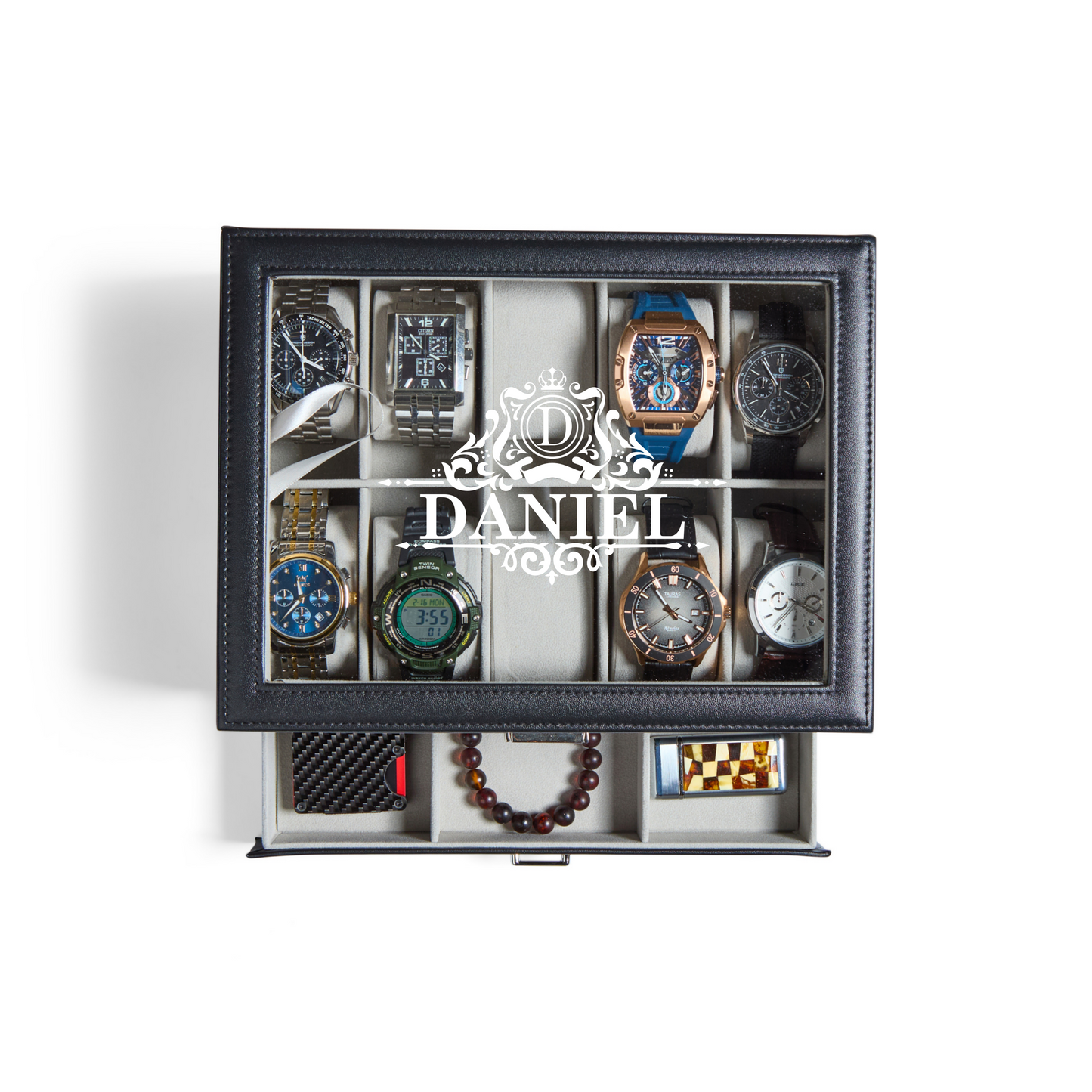 Personalized Leather Watch Box with Jewelry Drawer 10 Slots