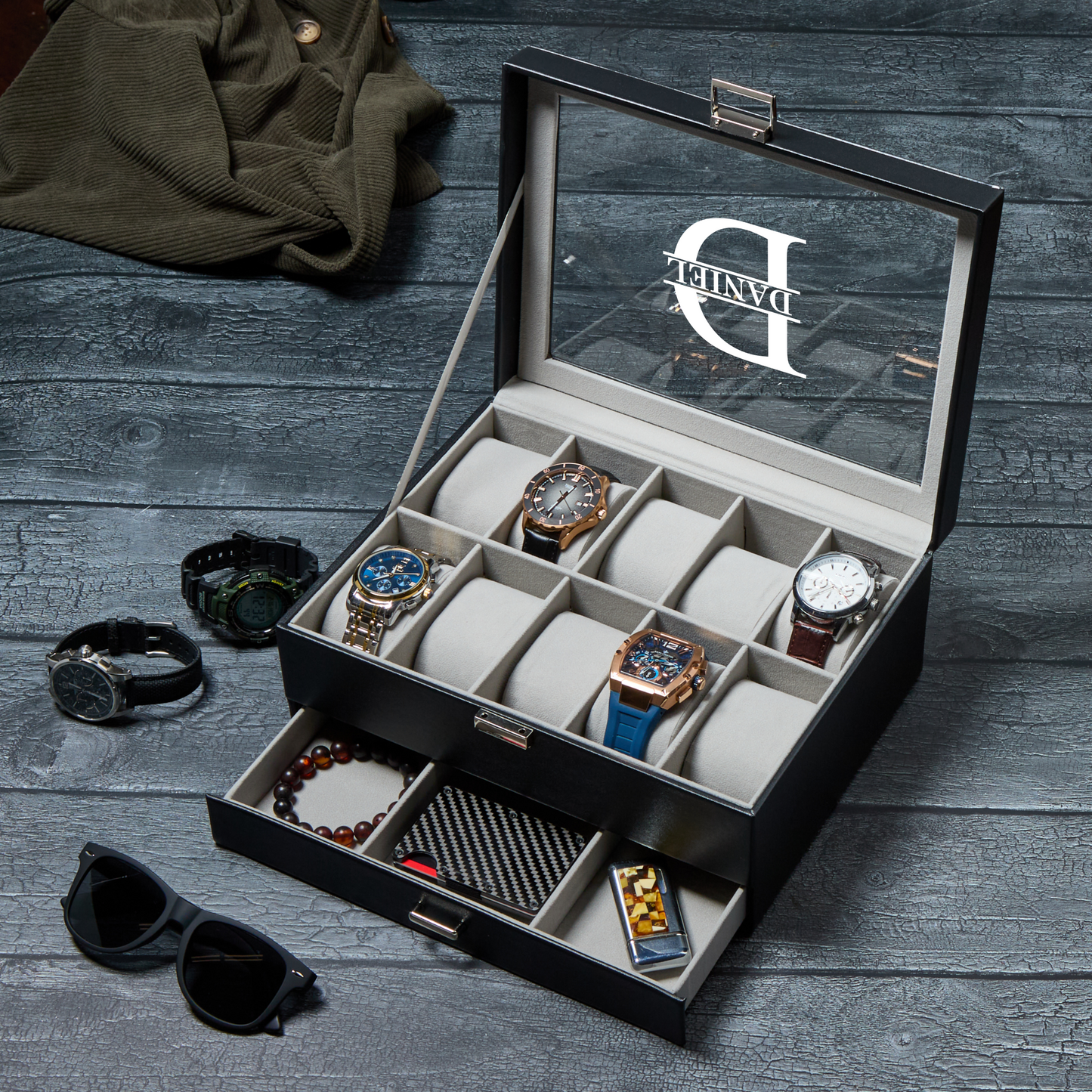 Personalized Leather Watch Box with Jewelry Drawer 10 Slots
