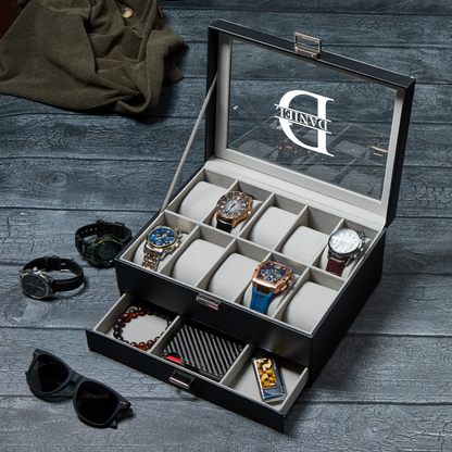 Personalized Leather Watch Box with Jewelry Drawer 10 Slots