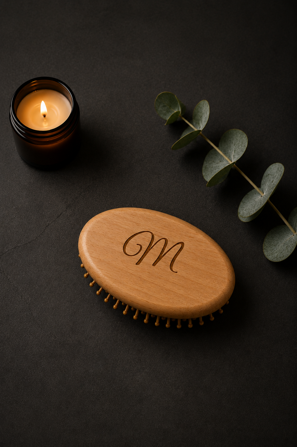 Eco-friendly personalized bamboo travel hair brush with custom engraving, wooden pins help massage the scalp and reduce pulling.