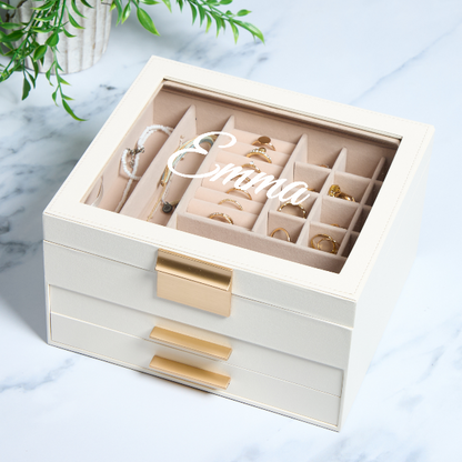 engraved jewelry box with name modern design gift for wife or girlfriend
personalized jewelry box open view showing compartments and custom name on top