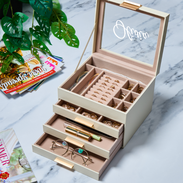 personalized jewelry box with name holding rings earrings and necklace
custom jewelry organizer with name multi layer jewelry box storage