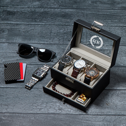 Personalized Leather Watch Box with Jewelry Case 3 Slots