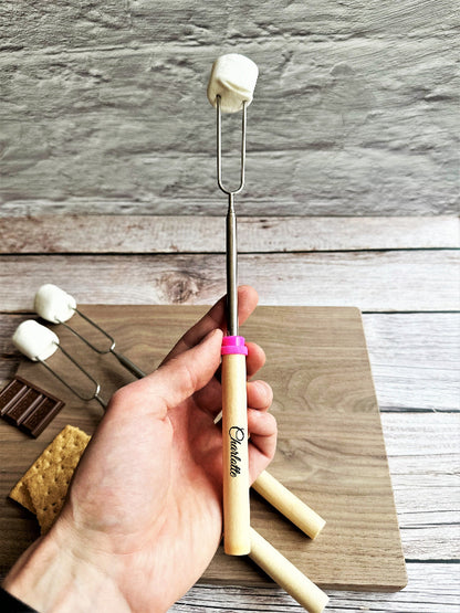 Custom Smores Roasting Stick Marshmallow Sticks Kids Party Wooden Handle Barbecue Forks Telescoping Hot Dog Forks Smore Skewers for Campfire