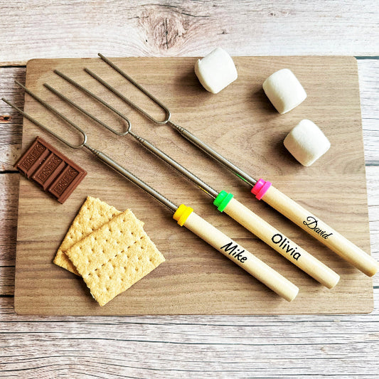 Custom Smores Roasting Stick Marshmallow Sticks Kids Party Wooden Handle Barbecue Forks Telescoping Hot Dog Forks Smore Skewers for Campfire